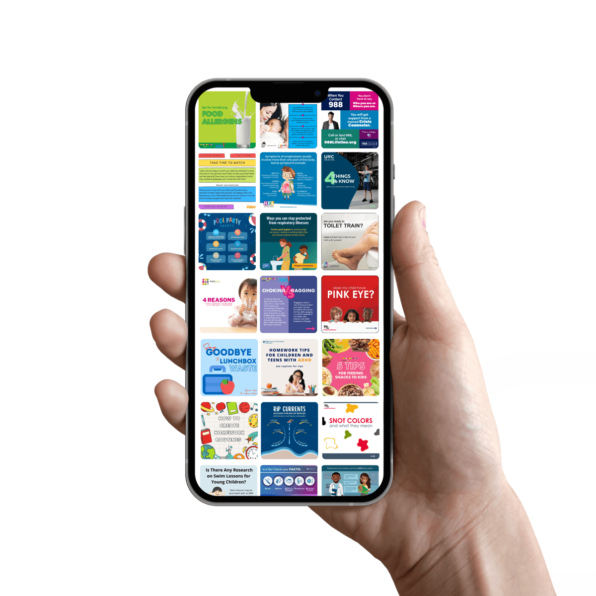 Hand holding phone showing Social Cascade content feed with health education posts